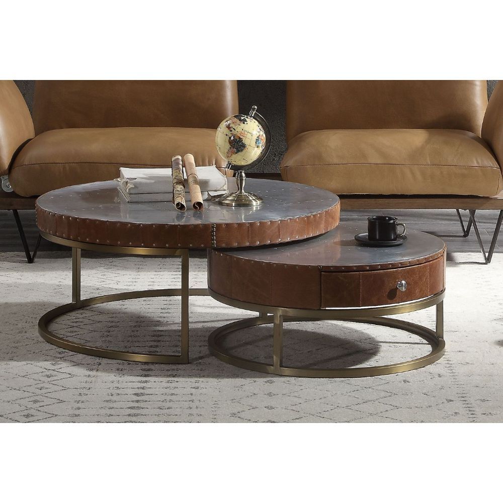 Tamas - 16" Coffee Table - Aluminum & Cocoa Top Grain Leather