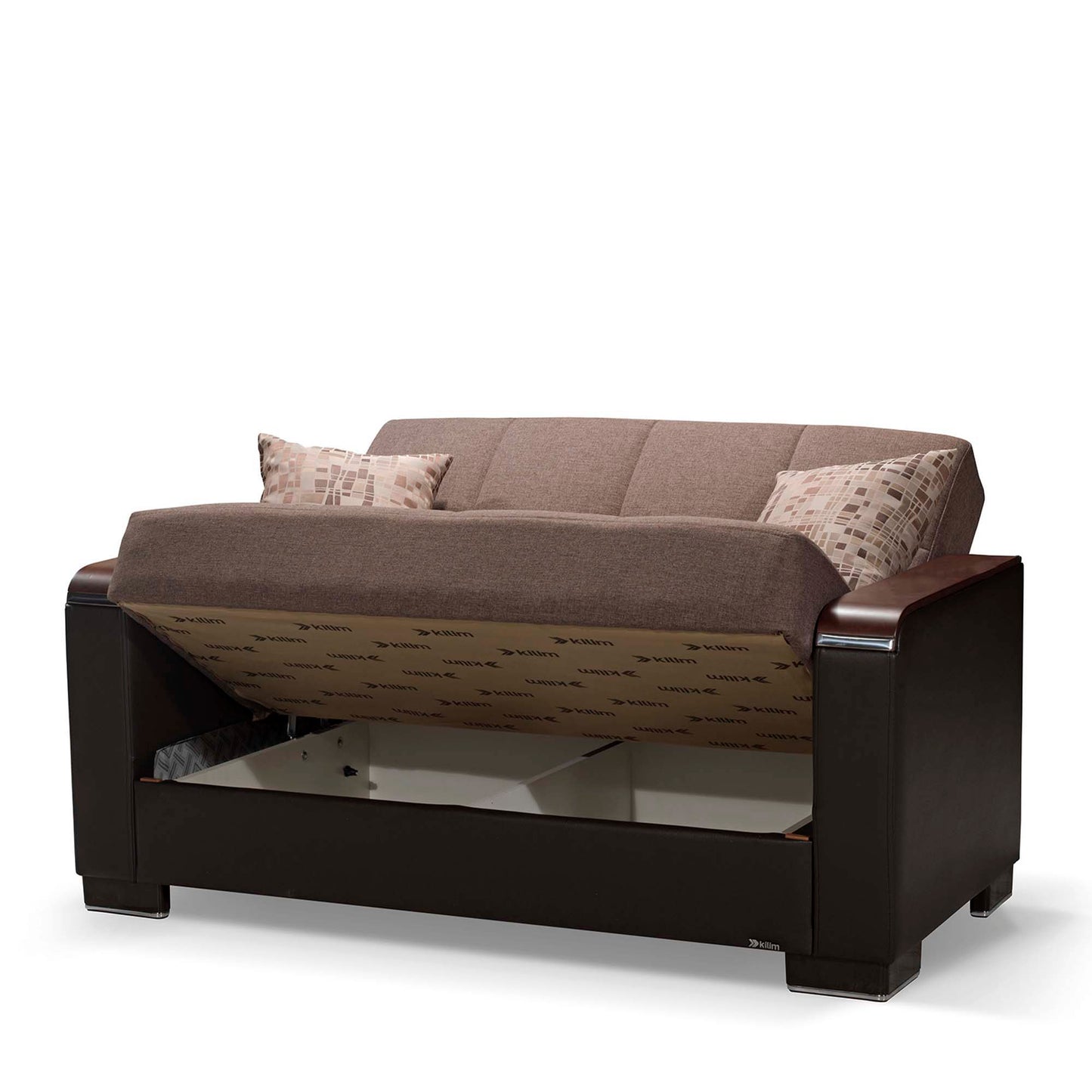 Ottomanson Armada X - Upholstered Convertible Wood Trimmed Loveseat With Storage - Brown PU Polyester