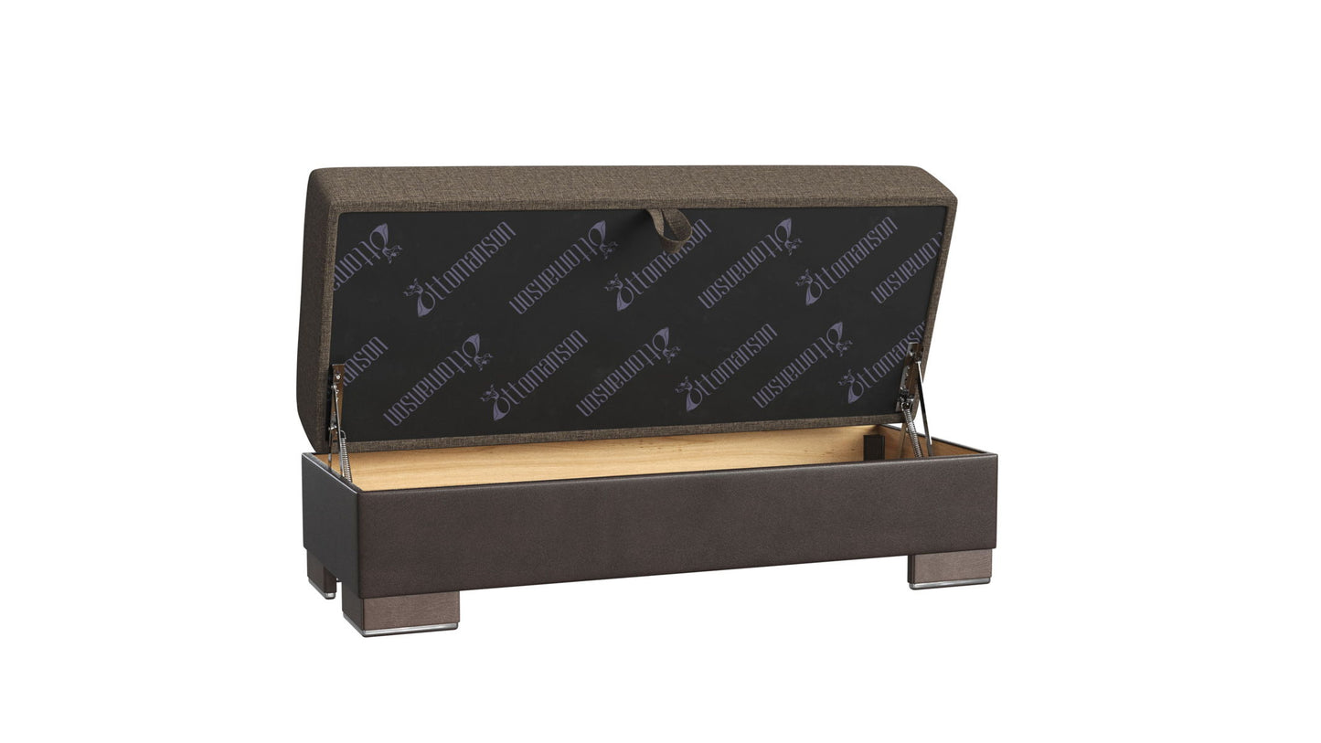 Ottomanson Armada X - Upholstered Convertible Wood Trimmed Ottoman With Storage - Brown PU Polyester