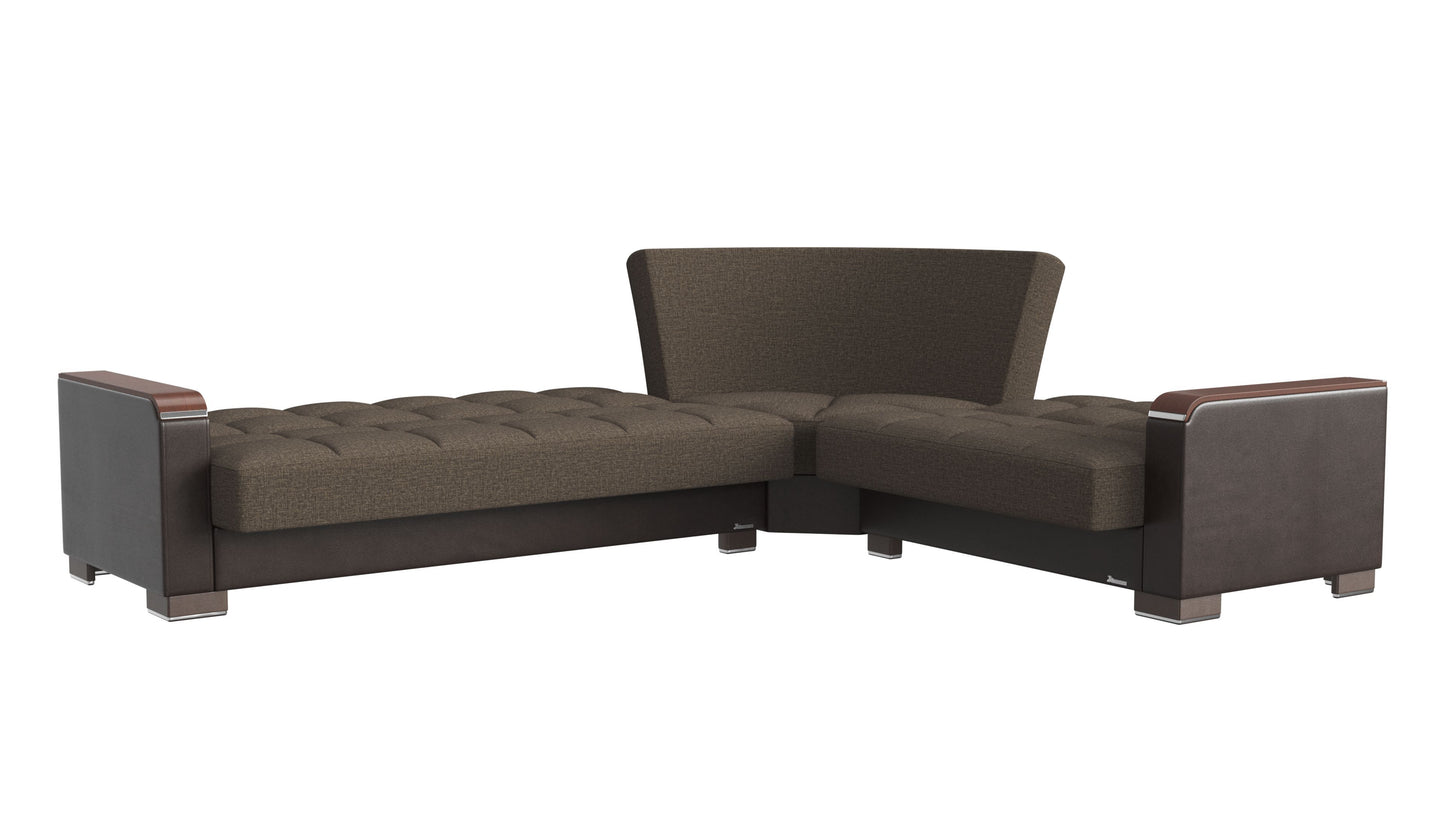 Ottomanson Armada X - Upholstered Convertible Wood Trimmed Sectional With Storage - Brown PU Polyester