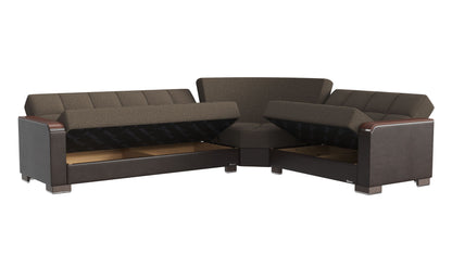 Ottomanson Armada X - Upholstered Convertible Wood Trimmed Sectional With Storage - Brown PU Polyester