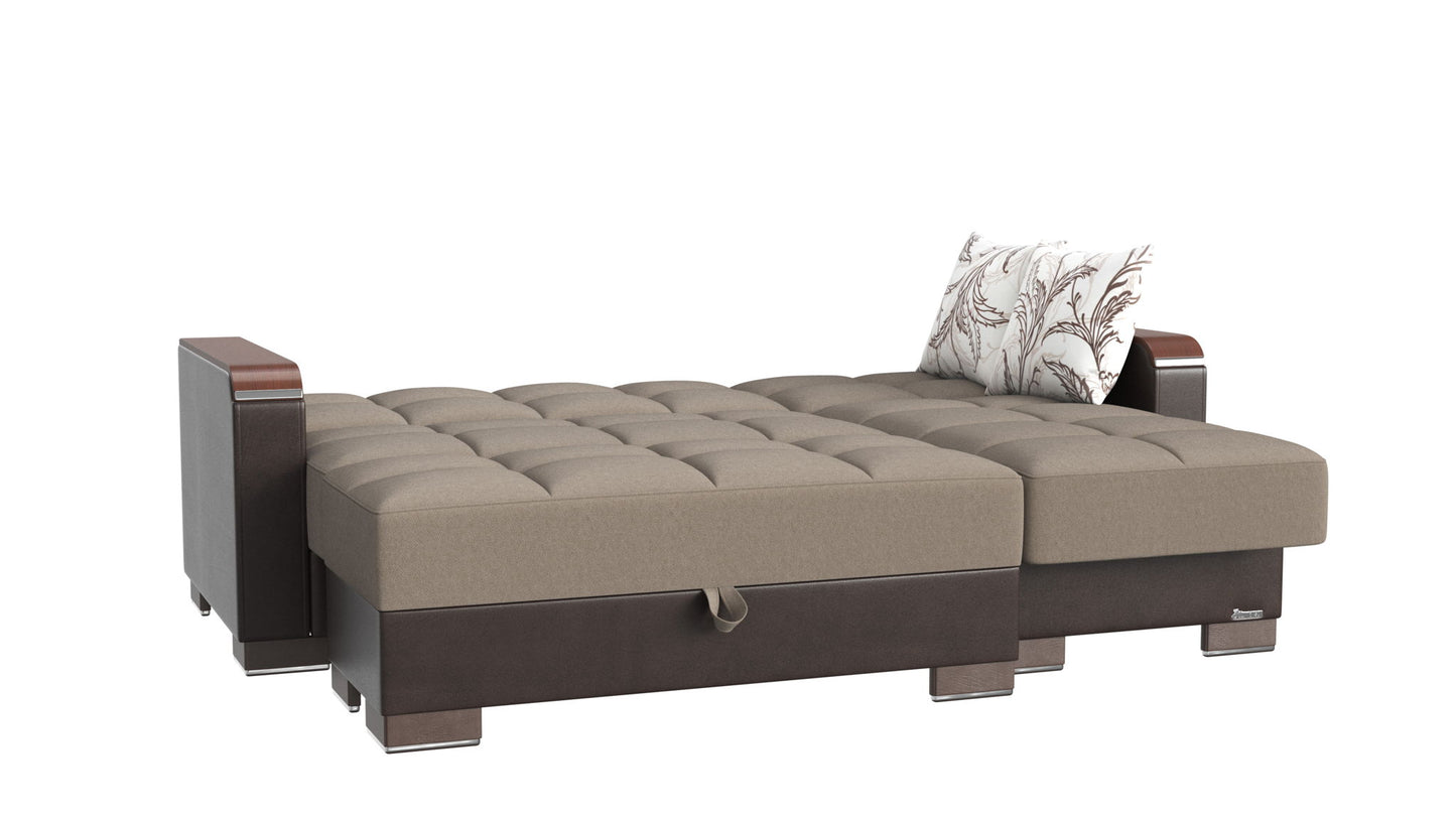 Ottomanson Armada X - Upholstered Convertible Wood Trimmed Chaise Lounge With Storage - Beige/Brown PU Chenille
