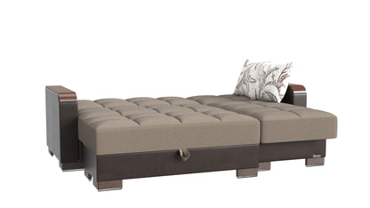 Ottomanson Armada X - Upholstered Convertible Wood Trimmed Chaise Lounge With Storage - Beige/Brown PU Chenille