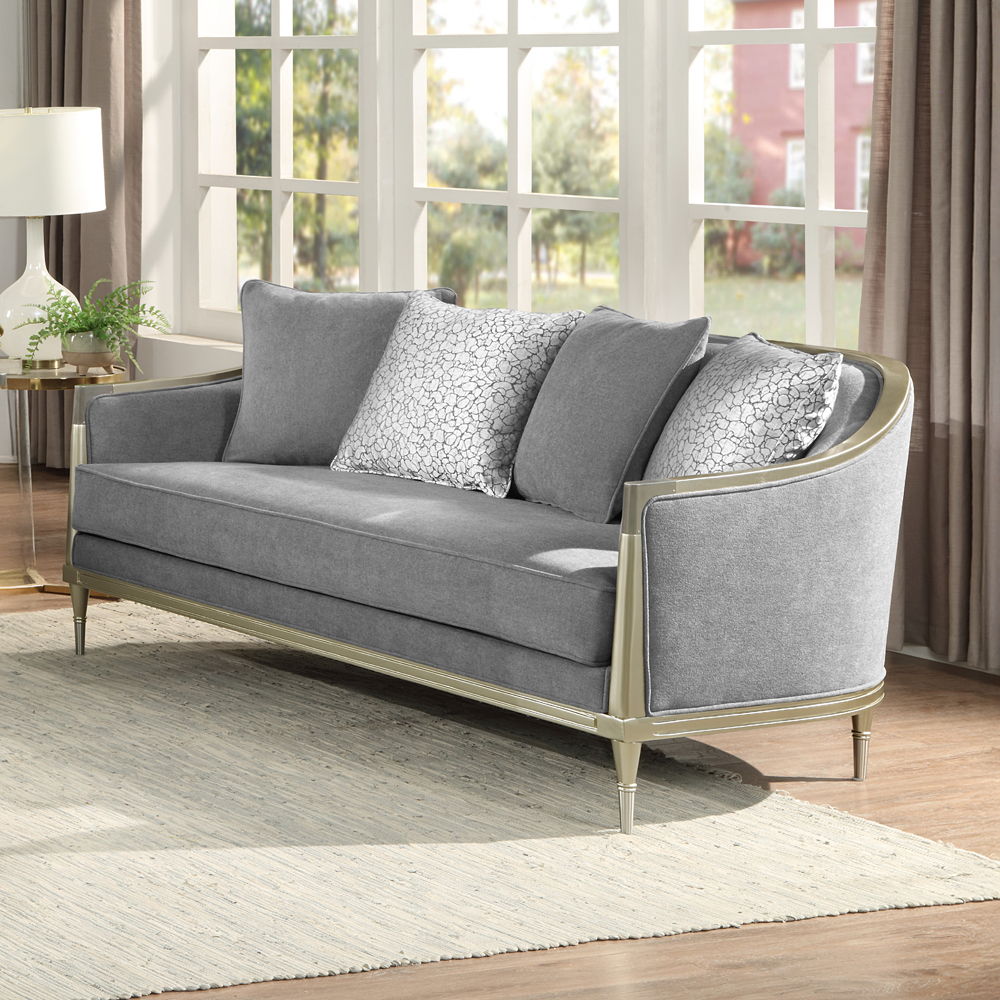 Fernando - Loveseat With 4 Pillows - Gray Chenille & Champagne