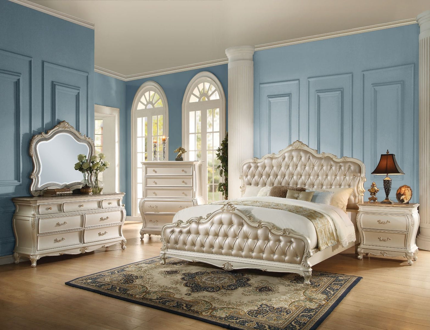 Chantelle - Synthetic Leather Eastern King Bed - Rose Gold & Pearl White Finish