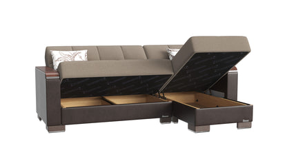Ottomanson Armada X - Upholstered Convertible Wood Trimmed Chaise Lounge With Storage - Beige/Brown PU Chenille