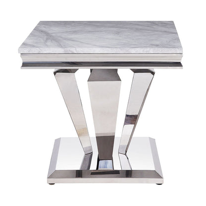 Satinka - End Table - Light Gray Printed Faux Marble Top & Mirrored Silver