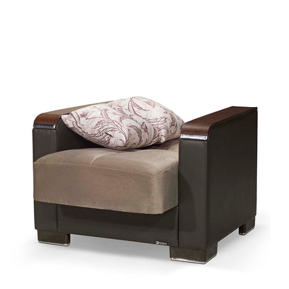 Ottomanson Armada X - Upholstered Convertible Wood Trimmed Armchair With Storage - Beige/Brown PU Chenille