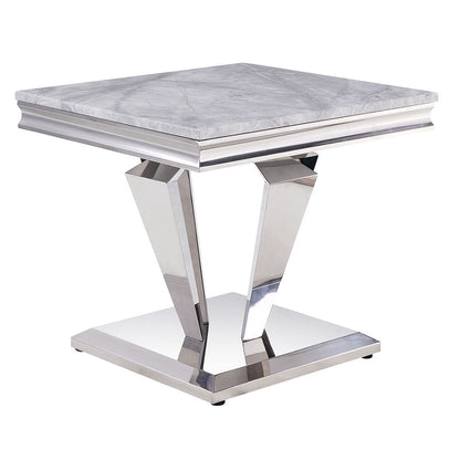Satinka - End Table - Light Gray Printed Faux Marble Top & Mirrored Silver