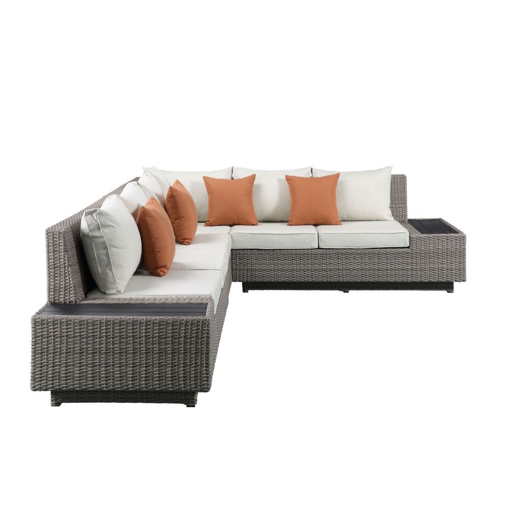 Salena - Patio Sectional Sofa With 4 Pillows & Coffee Table - Beige Fabric & Gray Wicker