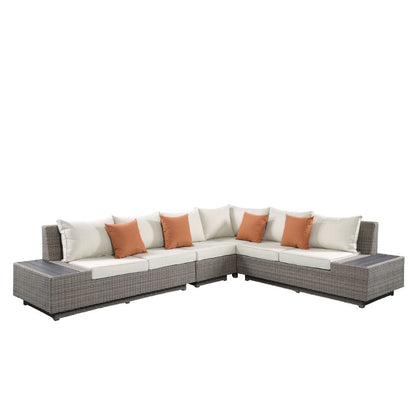 Salena - Patio Sectional Sofa With 4 Pillows & Coffee Table - Beige Fabric & Gray Wicker