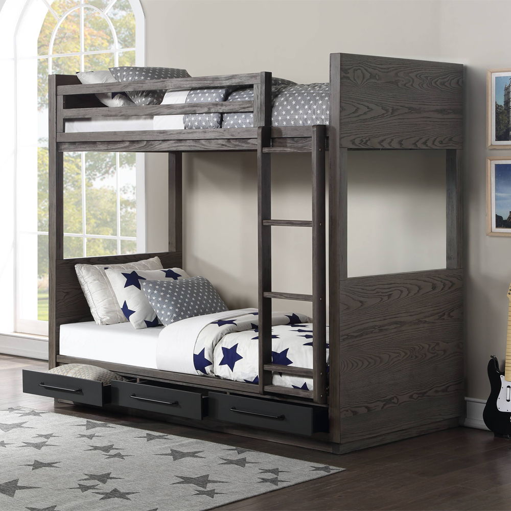Estevon - Twin Over Twin Bunk Bed With Storage - Gray Oak