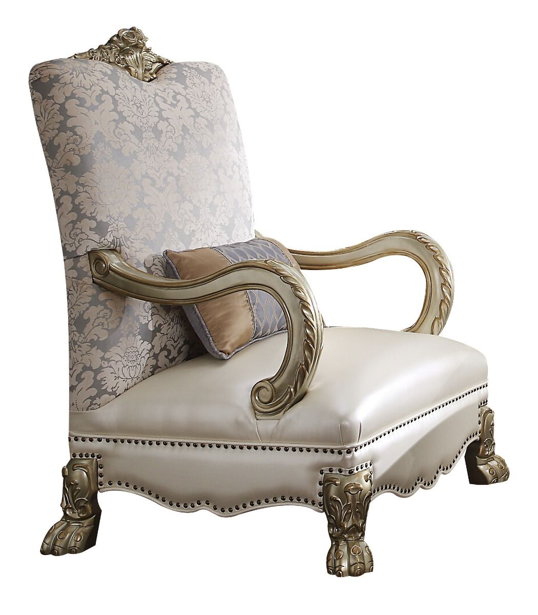 Dresden II - Chair With Pillow - Pearl Synthetic Leather /Fabric & Gold Patina