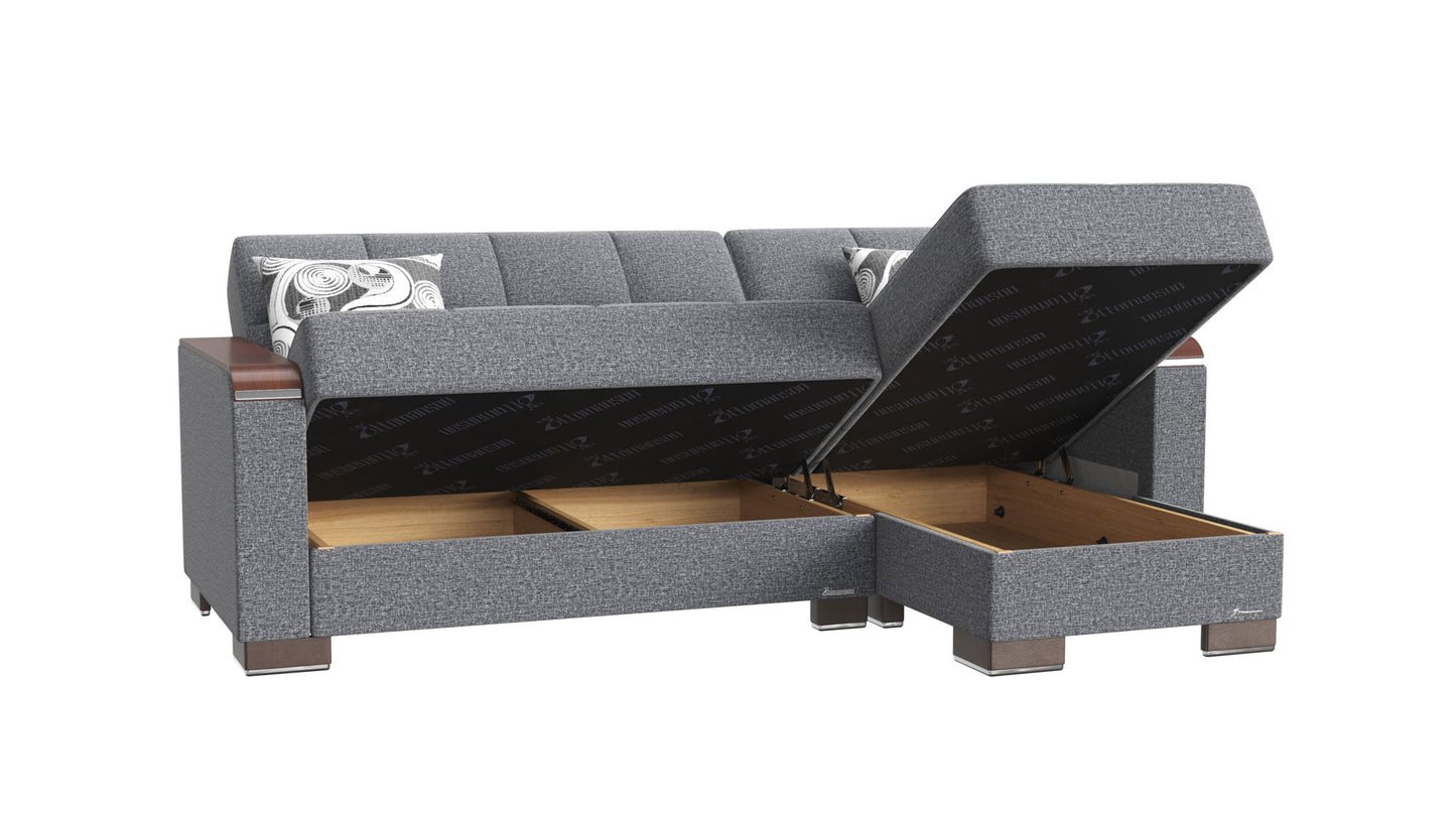 Ottomanson Armada X - Upholstered Convertible Wood Trimmed Chaise Lounge With Storage - Gray/Black PU Polyester