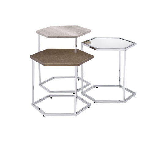 Simno - Nesting Table Set - Clear Glass, Taupe, Gray Washed & Chrome