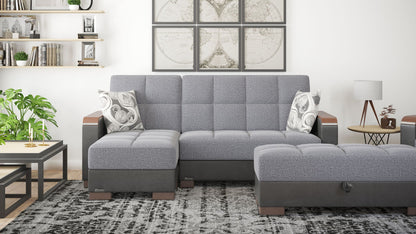 Ottomanson Armada X - Upholstered Convertible Wood Trimmed Ottoman With Storage - Gray/Black PU Polyester